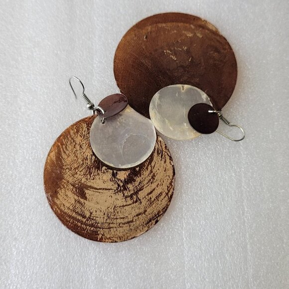 Shell Discs Metallic Copper Color Earrings Dangle Beach Boho Tribal Tropical - Picture 5 of 11